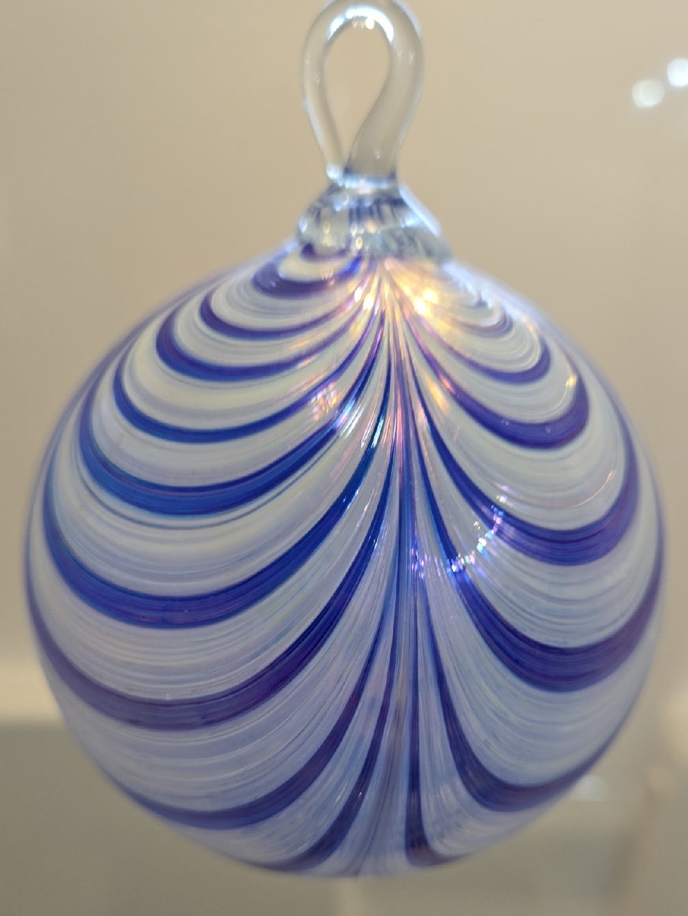 Hand-Blown Blue and White Swirl Glass Ornament - Home Art